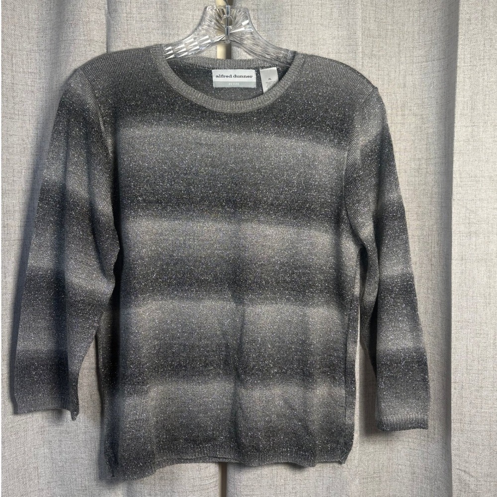 Alfred Dunner Petite Grey Ombre Metallic Striped 3/4 Sleeve Sweater Size PL
